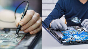 An expert technician is skillfully repairing a laptop with precision. The laptop's screen is open, revealing the internal components. The technician's hands are holding specialized tools, carefully examining and troubleshooting the device. The workspace is well-lit, and the repair process reflects professionalism and expertise. This image captures the essence of laptop repair services, conveying a sense of reliability and competence in resolving technical issues.