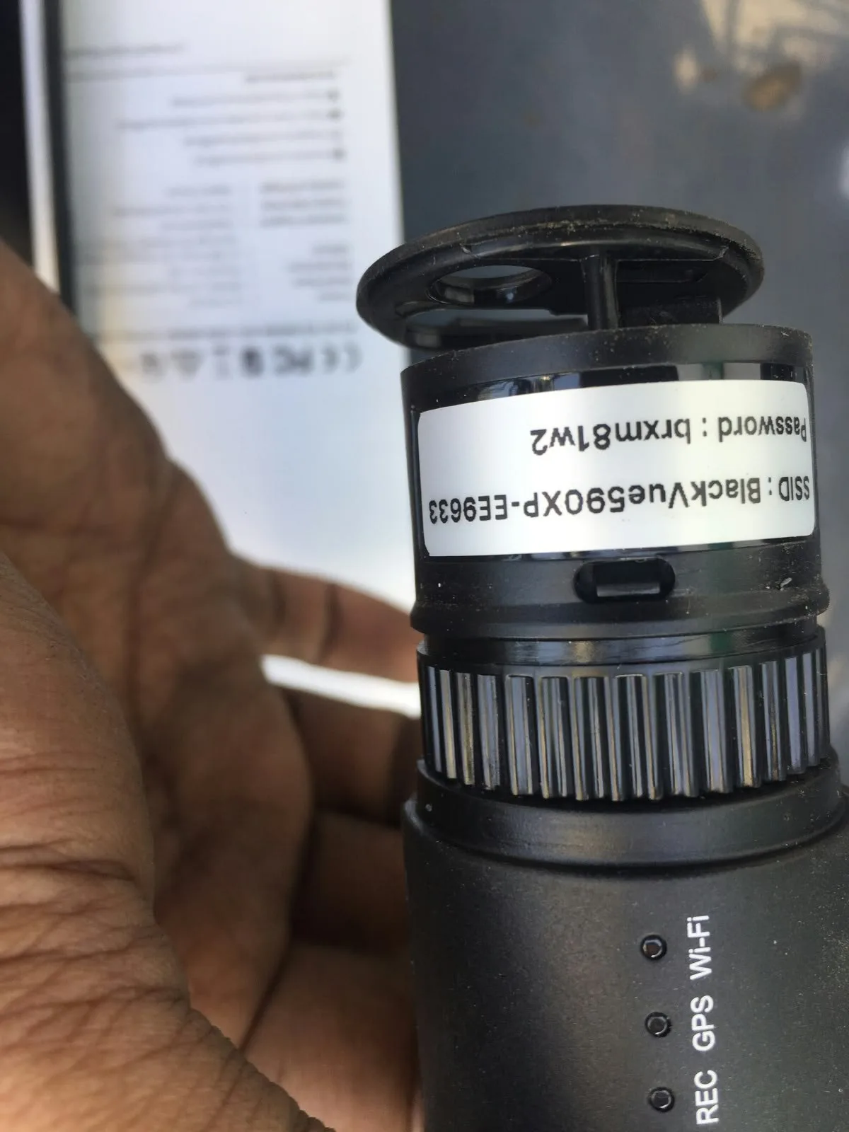 Close-up of the forklift dash camera body and lens
