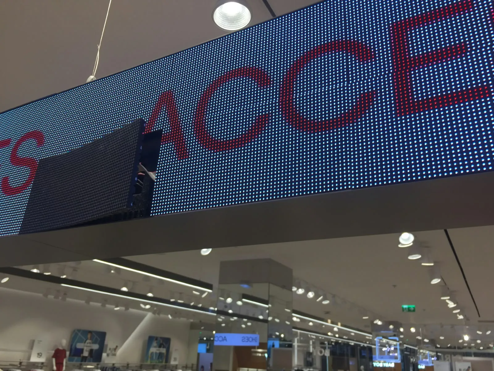 Close view of a suspended LED display