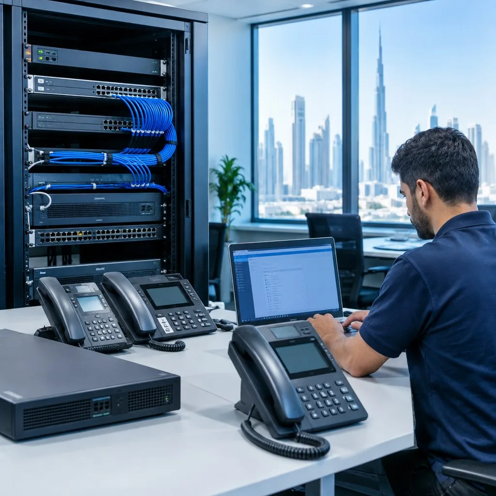Technician configuring an office IP PBX system with desk phones and network equipment