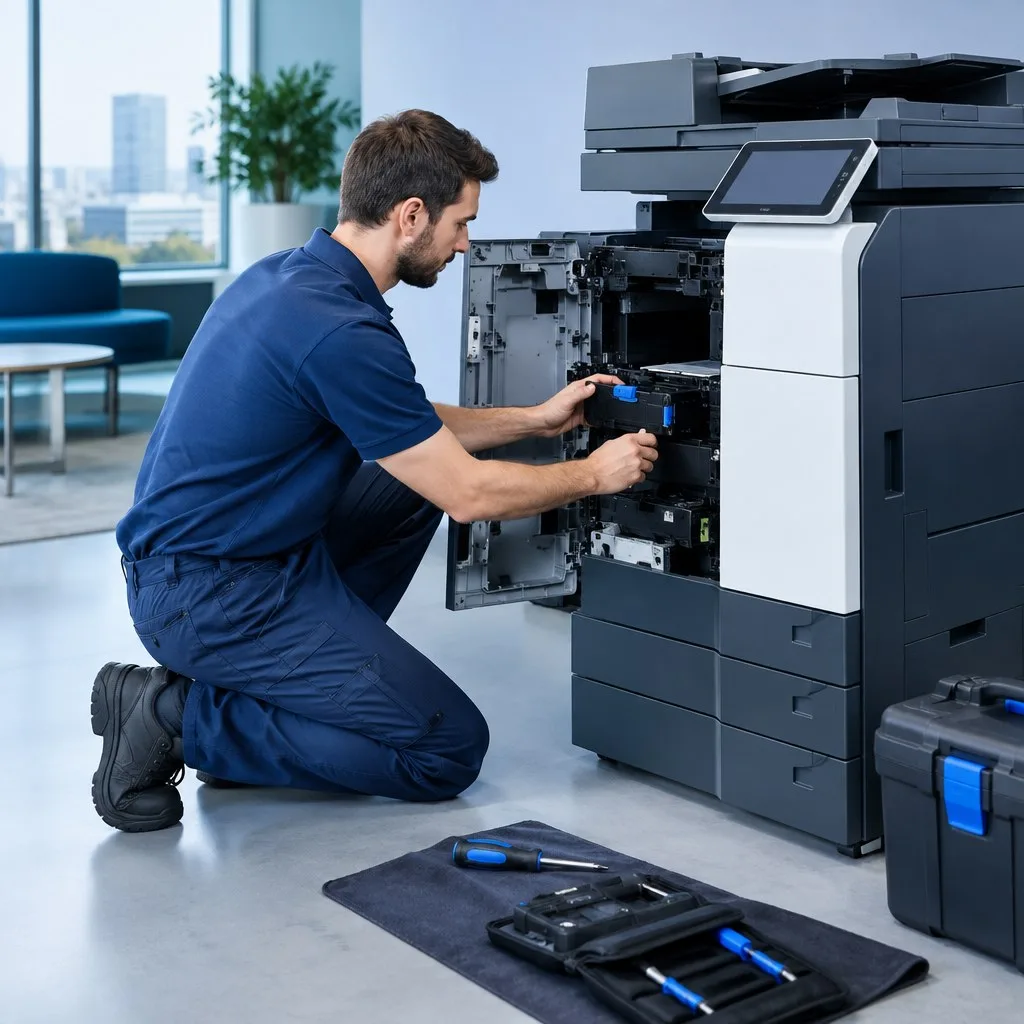 Technician servicing a large multifunction office photocopier