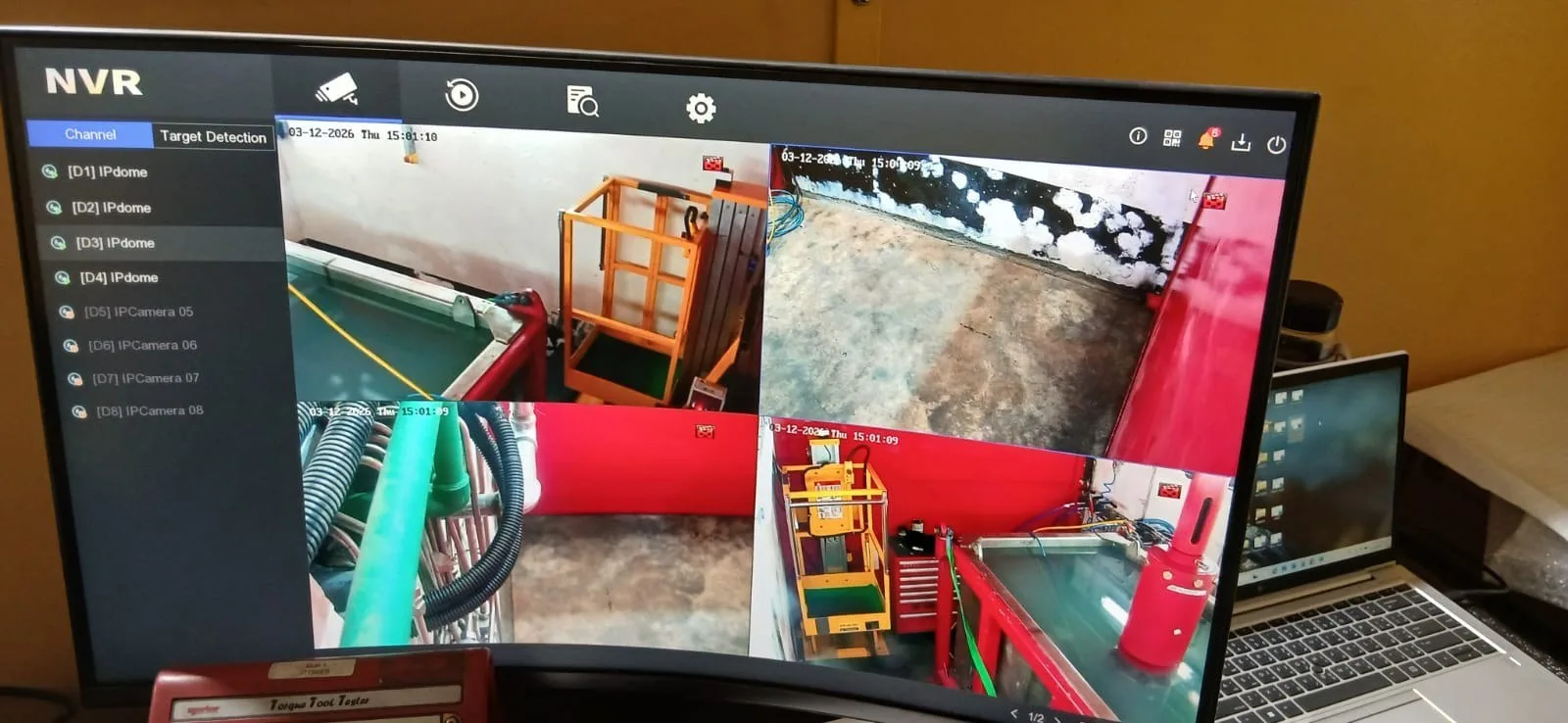 Monitor showing camera views of a pressure testing bay in JAFZA Dubai