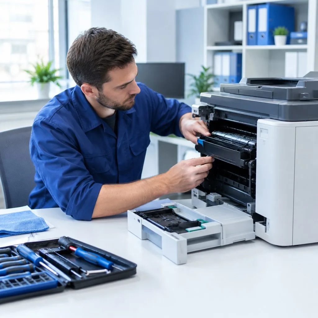 Technician inspecting a desktop office printer during repair