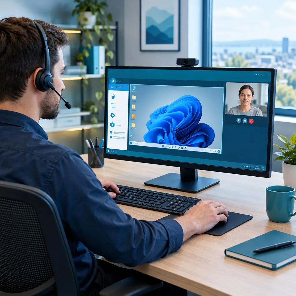 IT support technician helping a customer through a remote computer session